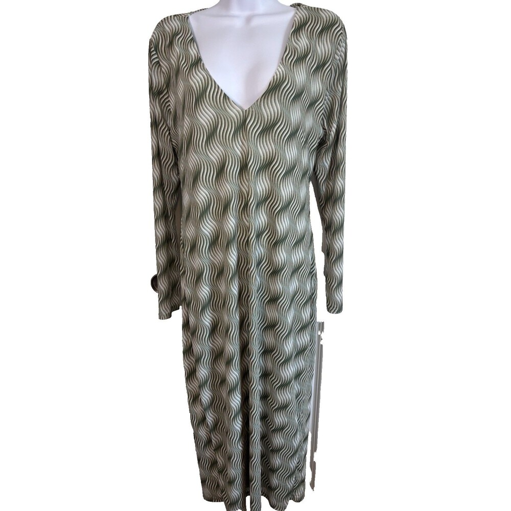 Eloquii Mesh Printed V Neck Twist Open Back Midi Dress Size 16 Green Cream NWT